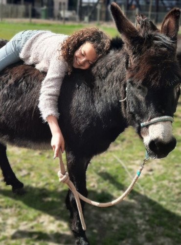 kind lachend ligt op ezel